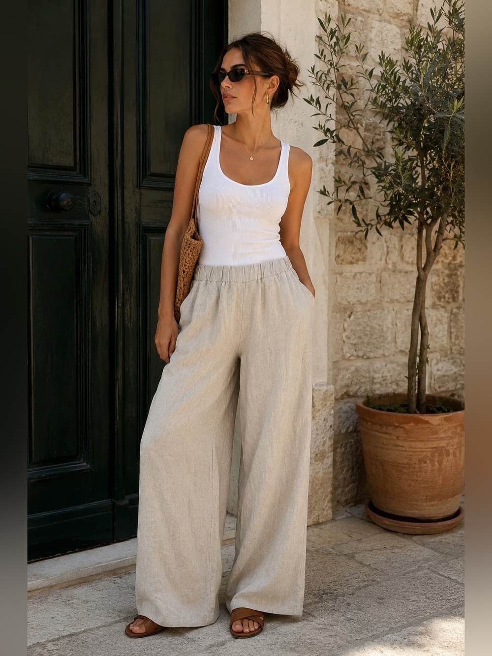 Magaschoni Wide Leg 100% Linen Pull On Pants in Beige Oatmeal Flax Sz M Flowy